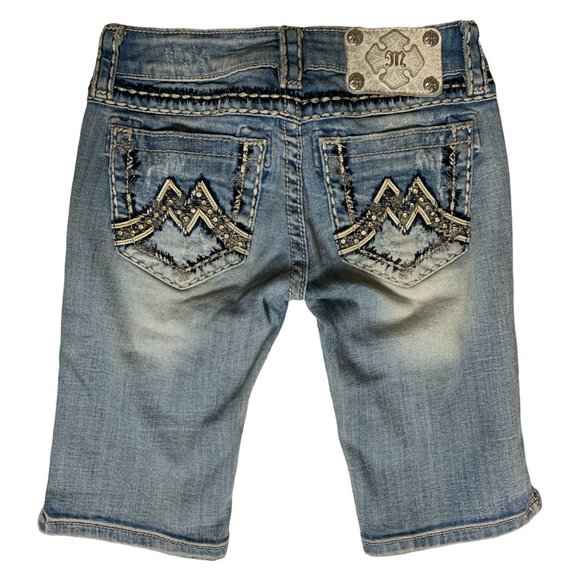 Miss Me Signature Bermuda Shorts Womens Jeans Tag 24 Blue Rhinestones Distressed - Picture 1 of 12